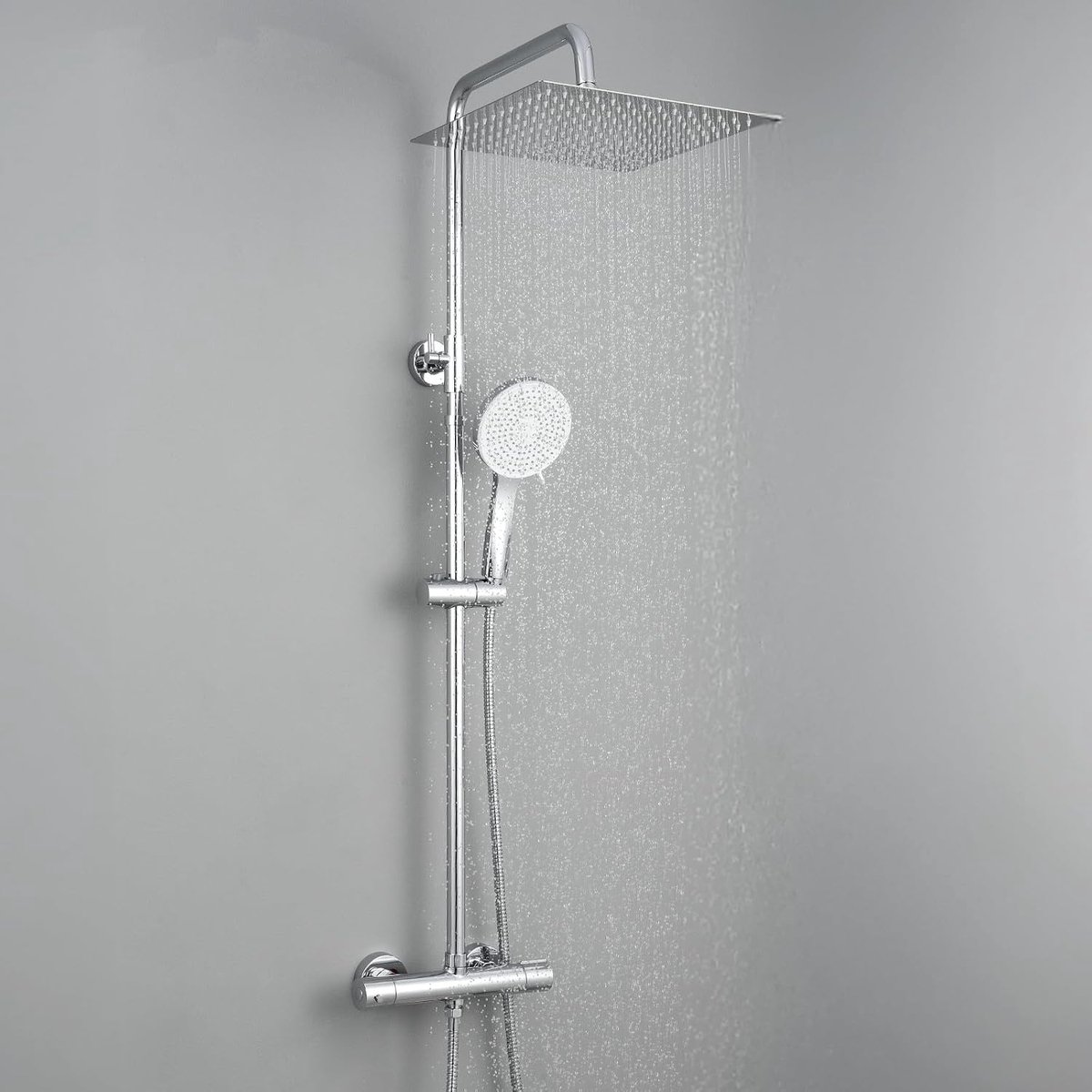 Douchekolom met thermostaat, douchesysteem met verstelbare hoogte, Doucheset met regendouche van roestvrij staal(30 x 30 cm), handdouche met 5 modi, uittrekbare douchestang (chroom)