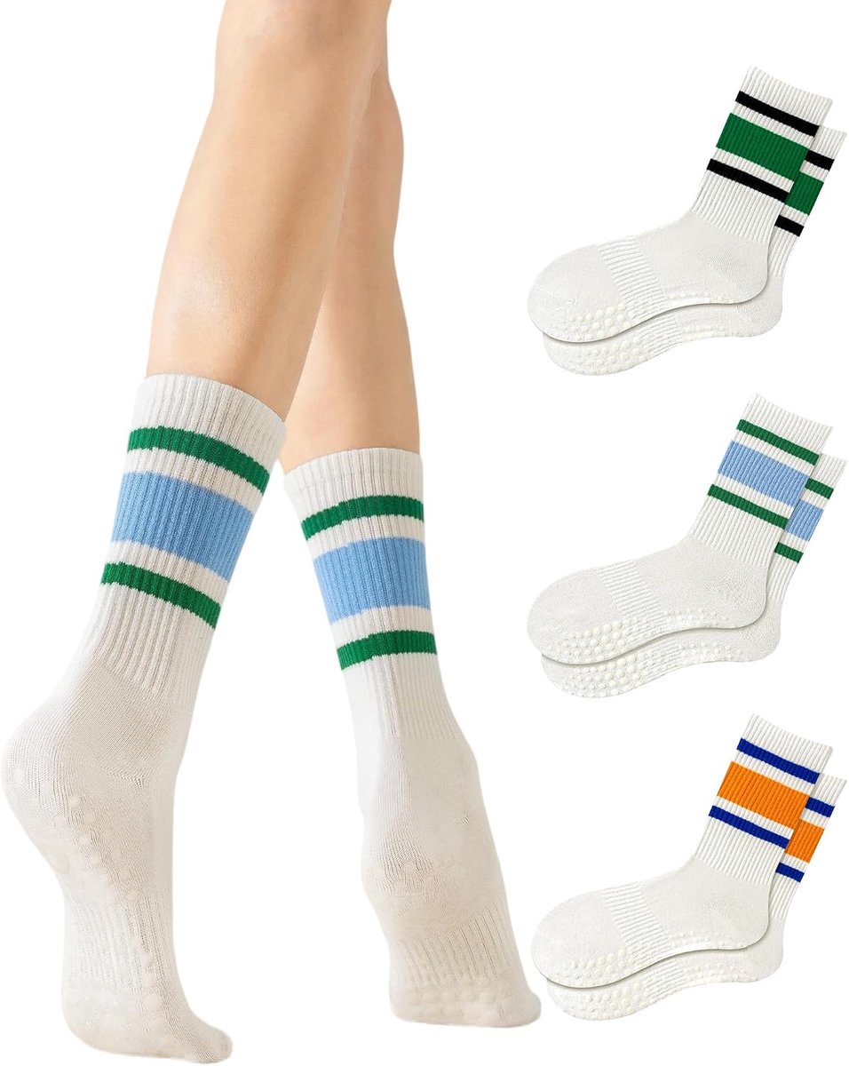 Sokken voor Vrouwen Yoga Grippy Gestreepte Retro Crew Sokken Antislip Sticky Barre Sok met Grippers