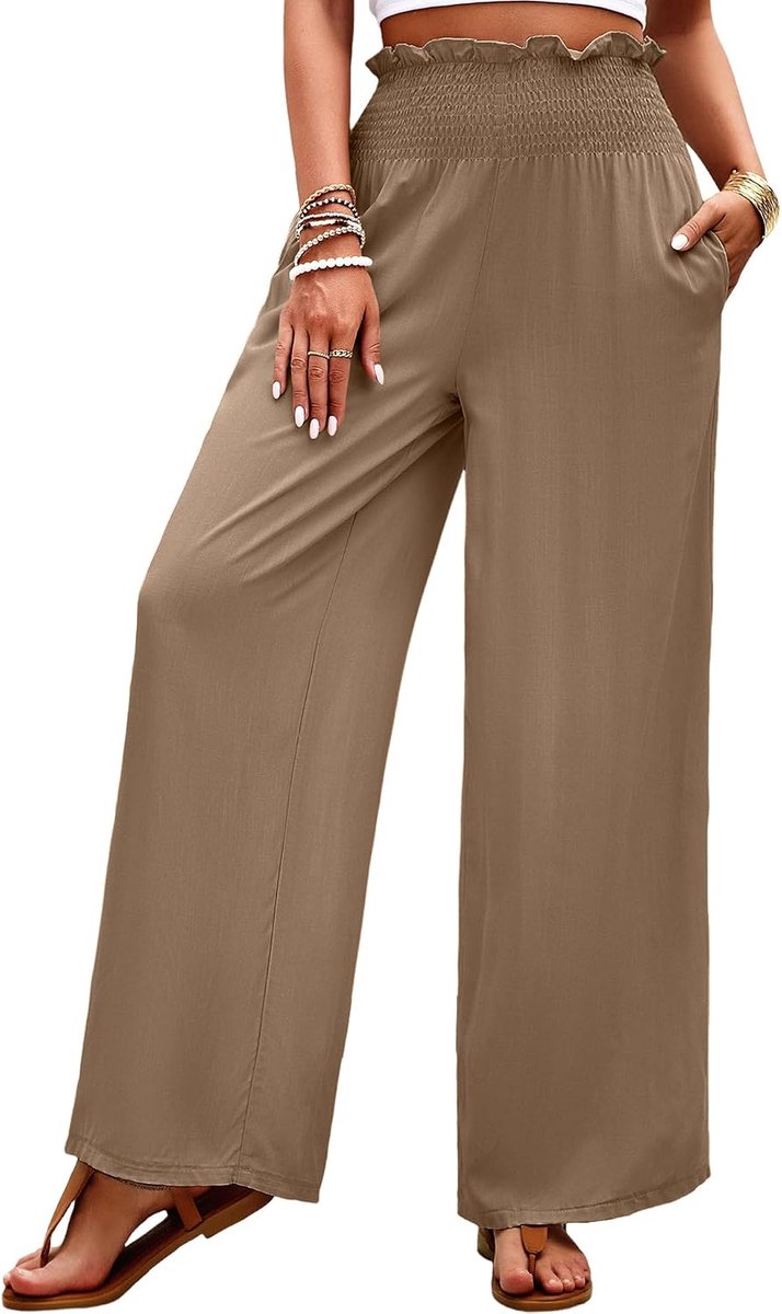 Zomerbroek voor dames, licht met zakken, effen, los, recht gesneden, palazzo broek, hoge taille, rekbaar, lounge, elegante damesbroek, chiffon, brede pijpen