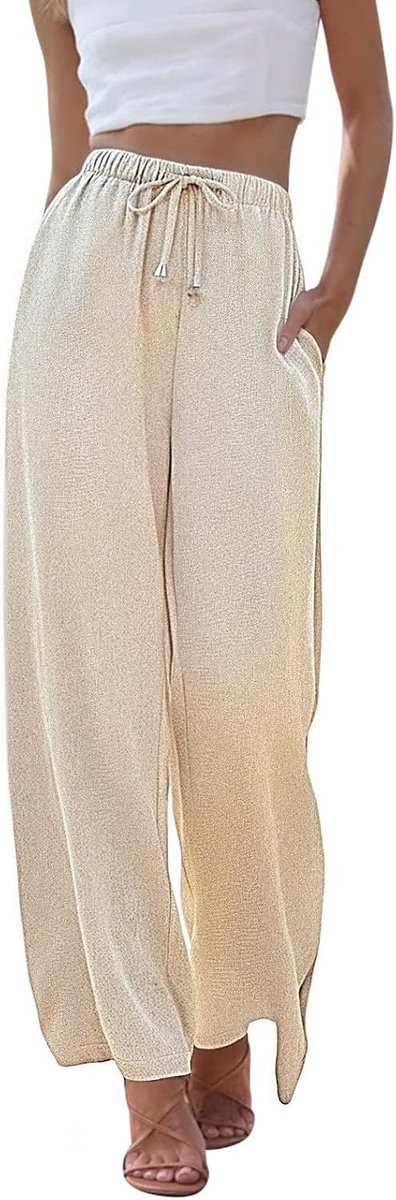 Linnen damesbroek, zomer, brede pijpen, strandbroek met elastische taillezakken, vloeiende palazzobroek, casual lichtgewicht loungebroek voor dames