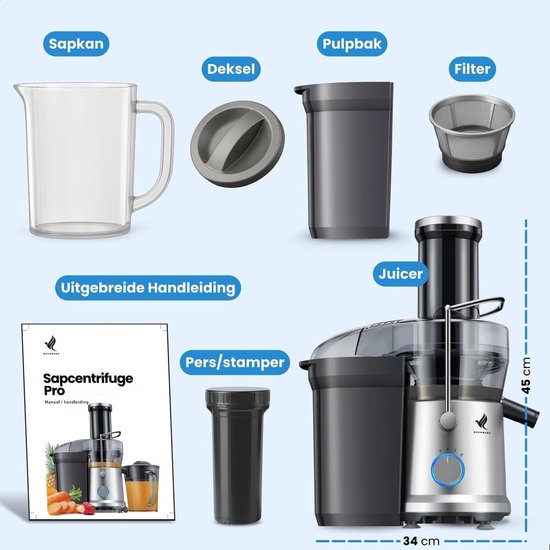 Sapcentrifuge 1.25L - 1200W vermogen - Grote vulopening - Snel en eenvoudig sap maken - SnelShoppen — afbeelding 4