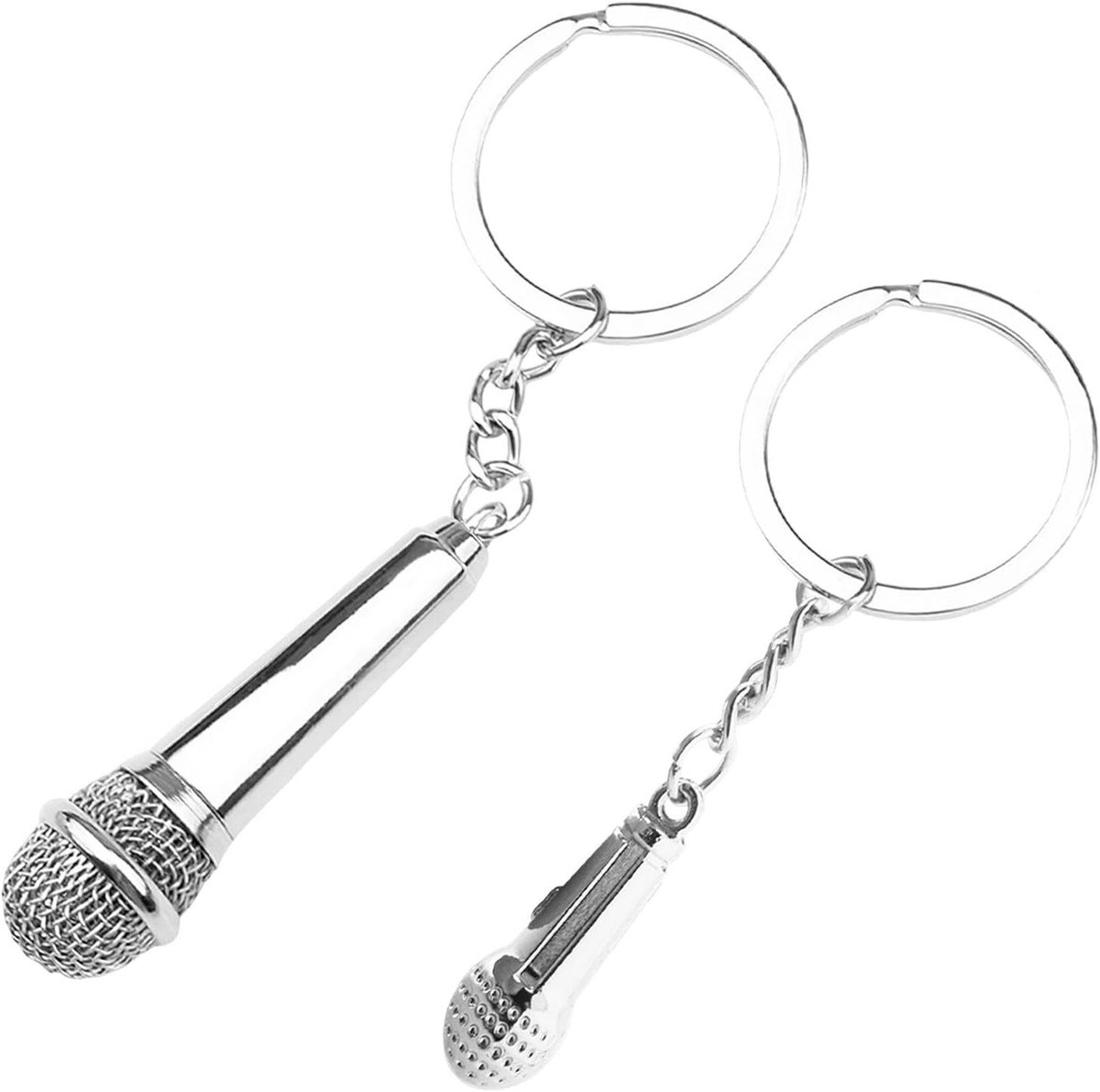 Sleutelhanger met microfoon, 2 stuks, gepersonaliseerde sleutelhanger, mini-cole met microfoon, creatieve sleutelhanger, cadeau voor muziekliefhebbers, zilverkleurig, Eén maat, Modern