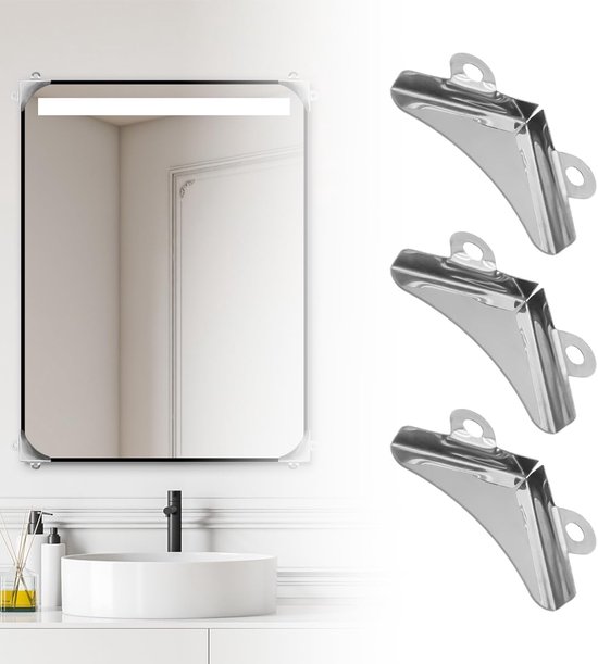 8 stuks spiegelhoekklemmen, zilver vernikkeld staal, wandhouder, hoekhouder voor badkamer, thuis, gym, bevestiging hangende spiegelfoto's — afbeelding 3