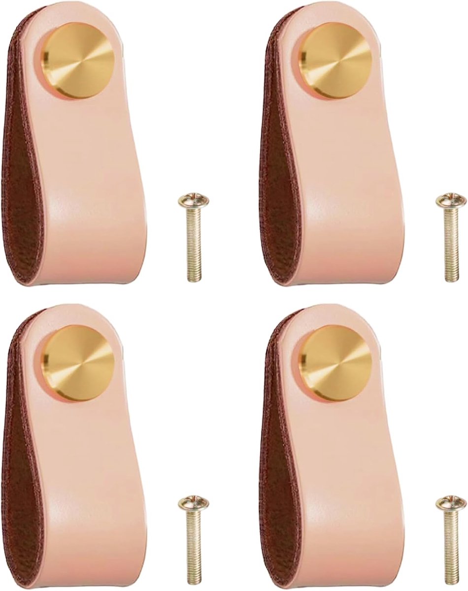 4 stuks handgemaakte meubelgrepen van leer, 64 x 25 mm, met messing kop, ideaal voor laden, kasten en meubels, waterafstotend, duurzaam, meubelgreep voor gezinnen met kinderen (roze)