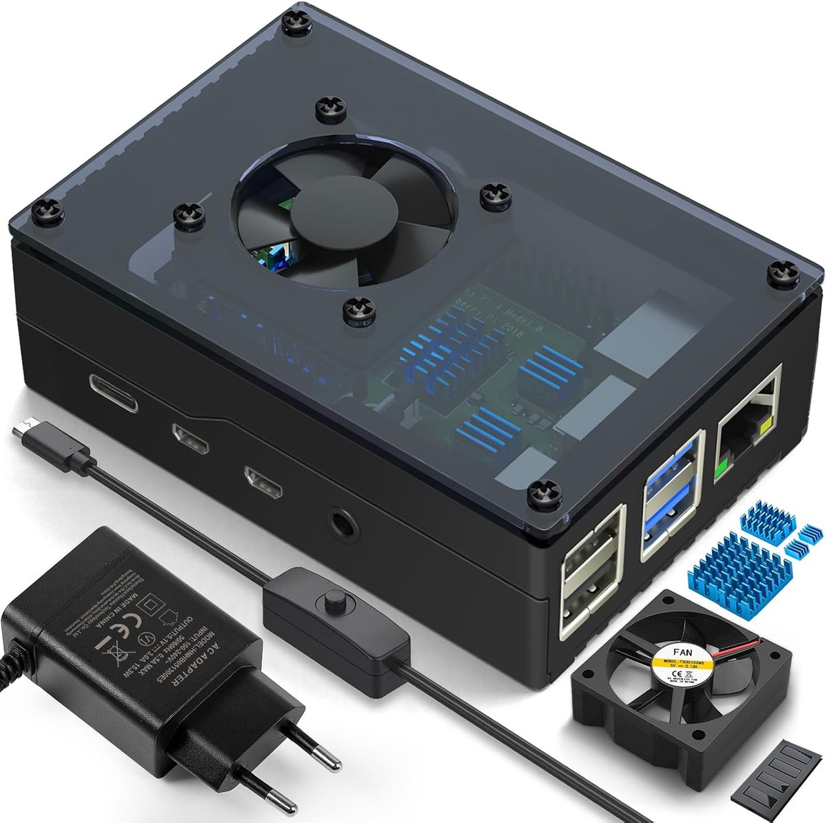 Behuizing voor Raspberry Pi 4 met behuizing zichtbare acryl ventilator koeling aluminium koellichaam 5 V 3 A USB-C AAN/UIT-schakelaar voeding Pi 4b Case compatibel met Pi 4 Model B 8 GB/4 GB/2 GB zwart