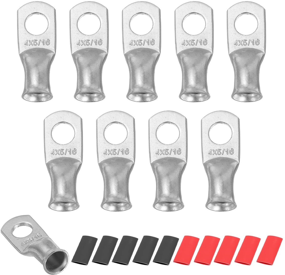 10 stuks 4 AWG M8 Battery Lugs ringklemmen, 5/16 inch 8 mm krimppen, draadconnector, fijn koper, 2:1 krimpkous, zilver