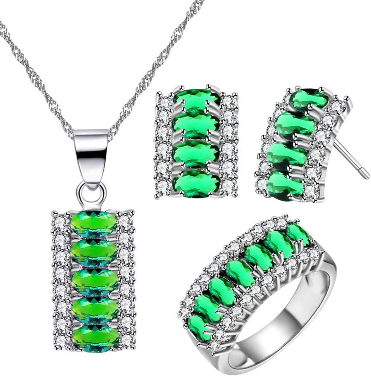 Platina vergulde ovale geslepen zirkonia 7 stenen ketting oorbellen en ring halve maan partij sieraden set T502