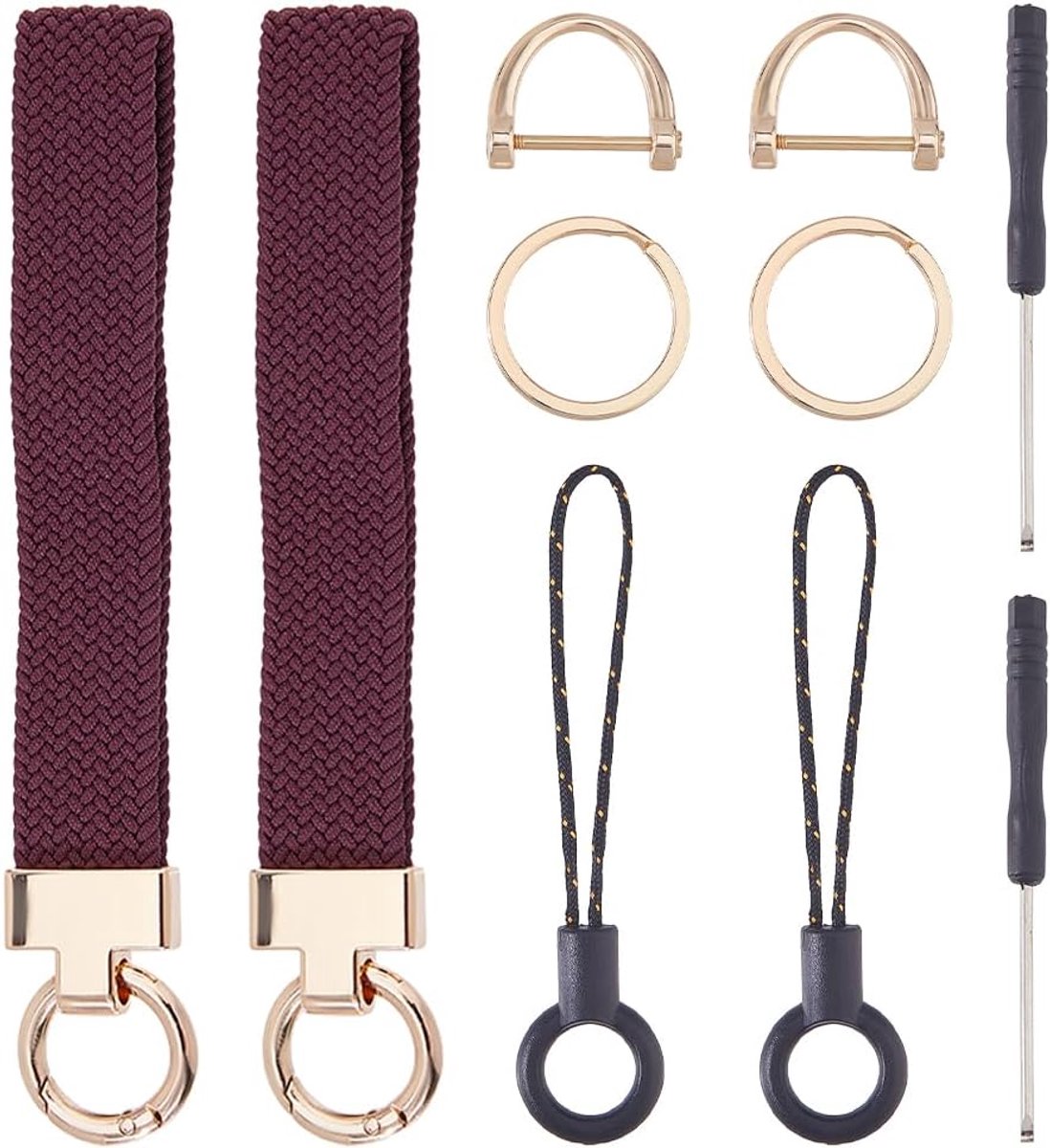 2 Sets Sleutelhanger Polsband met Schroevendraaier Gereedschap Stretchy Elastische Lanyard voor Autosleutels ID Badges Zinklegering Split Ringen D-Sluiting voor Vrouwen Mannen, Gouden en