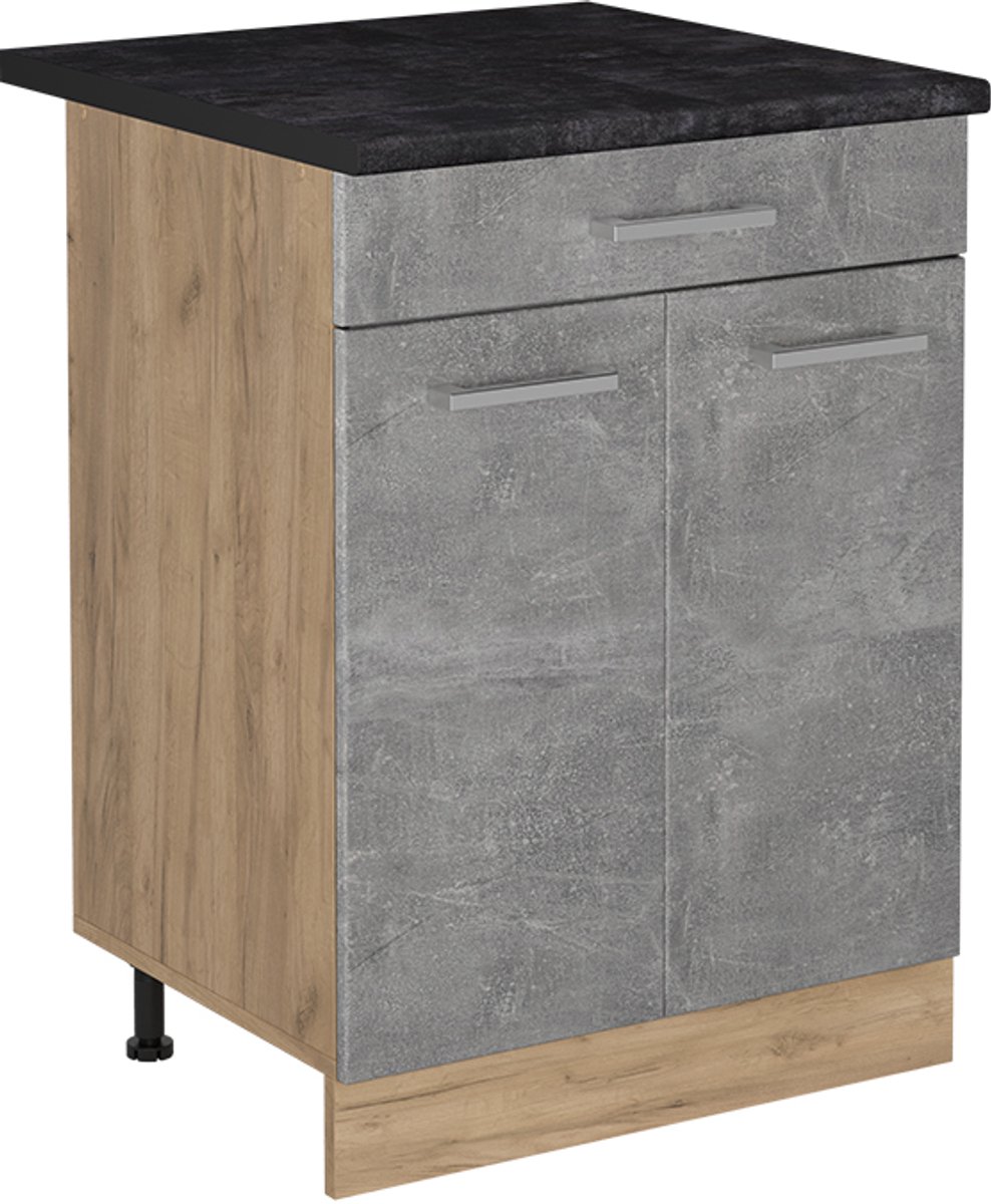 Vicco Keukenonderkast R-Line, Beton/Goudkleurig Eiken, 60 cm met lade antraciet werkblad