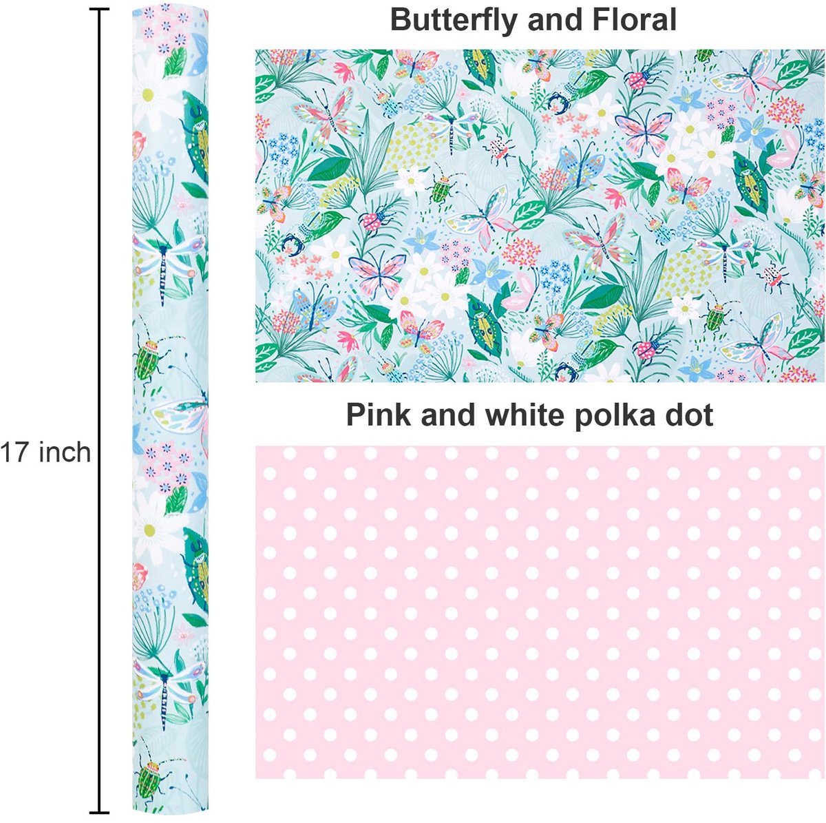 Inpakpapier rol 17 inch - omkeerbaar vlinder en bloemen ontwerp - roze en witte stippen - perfect voor verjaardagen - ShopVlot