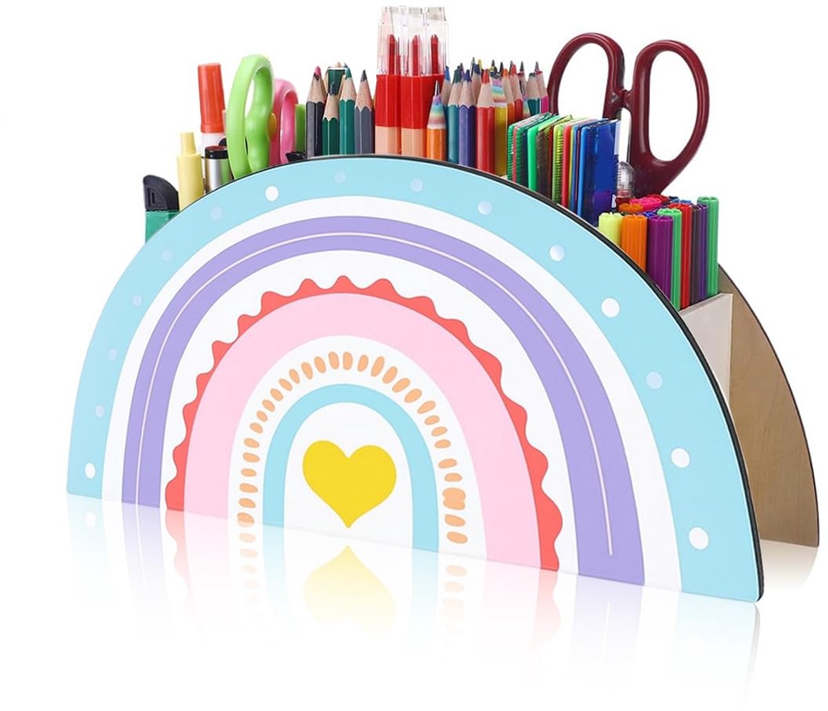 Bureau-pennenhouder regenboog geel hart - houten organizer - voor kinderen - vrolijke tafelorganizer - ShopVlot