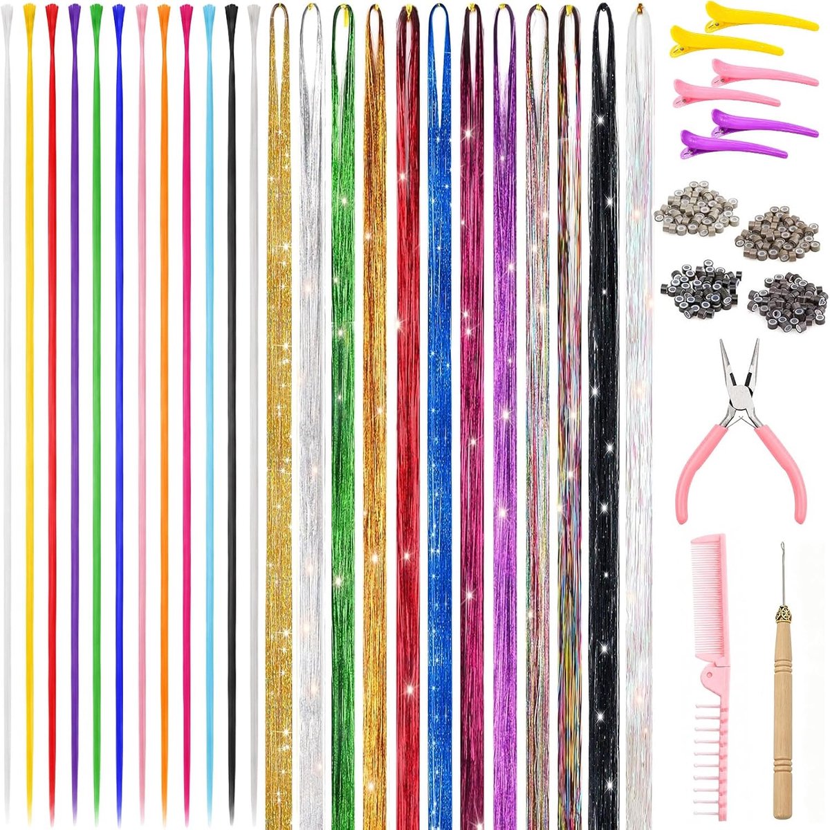 Haarstrengen set 48-delig - 24 kleuren - klatergoud en kleurrijke extensions - perfect voor feesten - ShopVlot