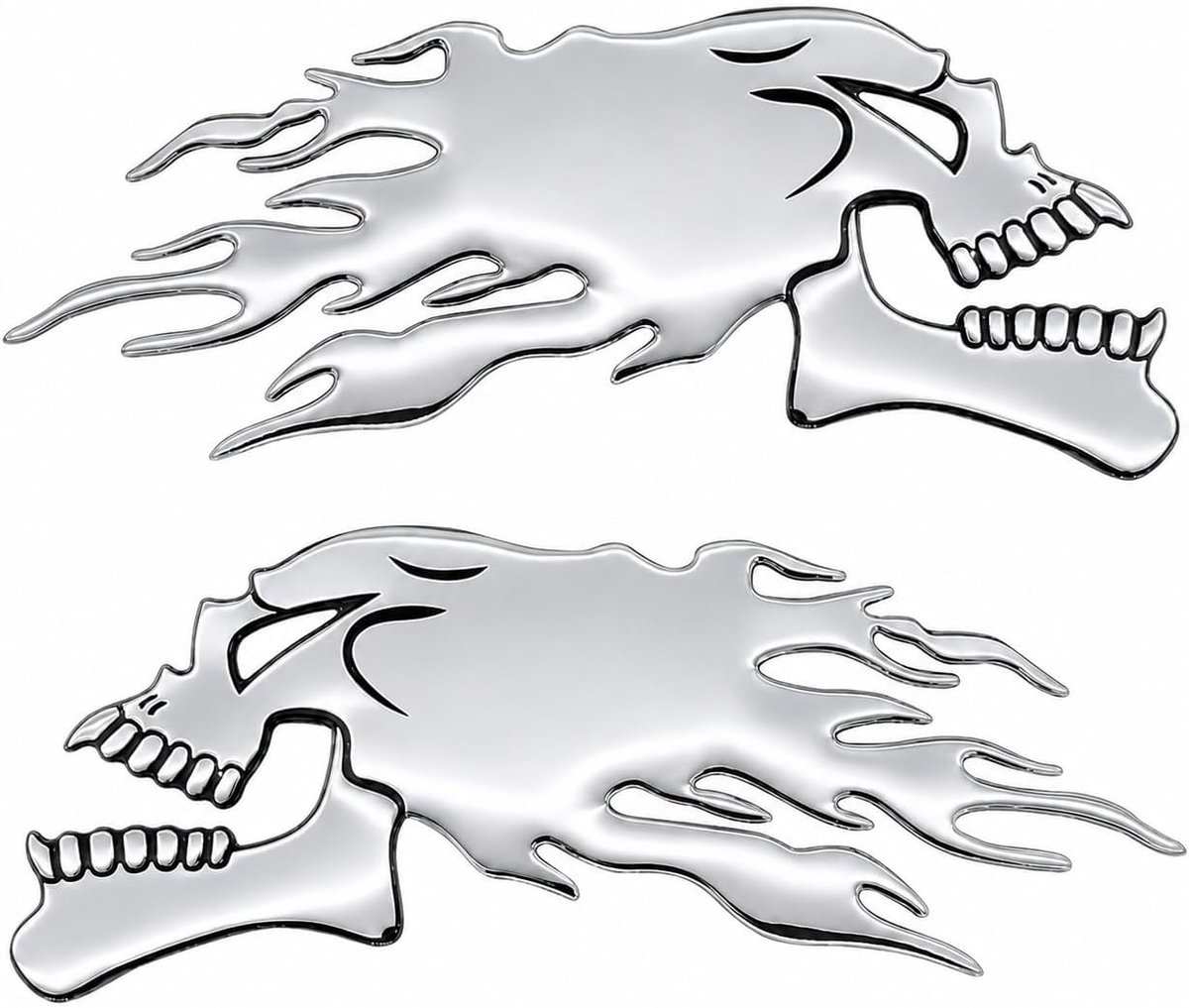 Doodskop vlammen stickers set van 2 - 3D chroom-look - waterdicht en zelfklevend - voor motorfiets en auto - ShopVlot