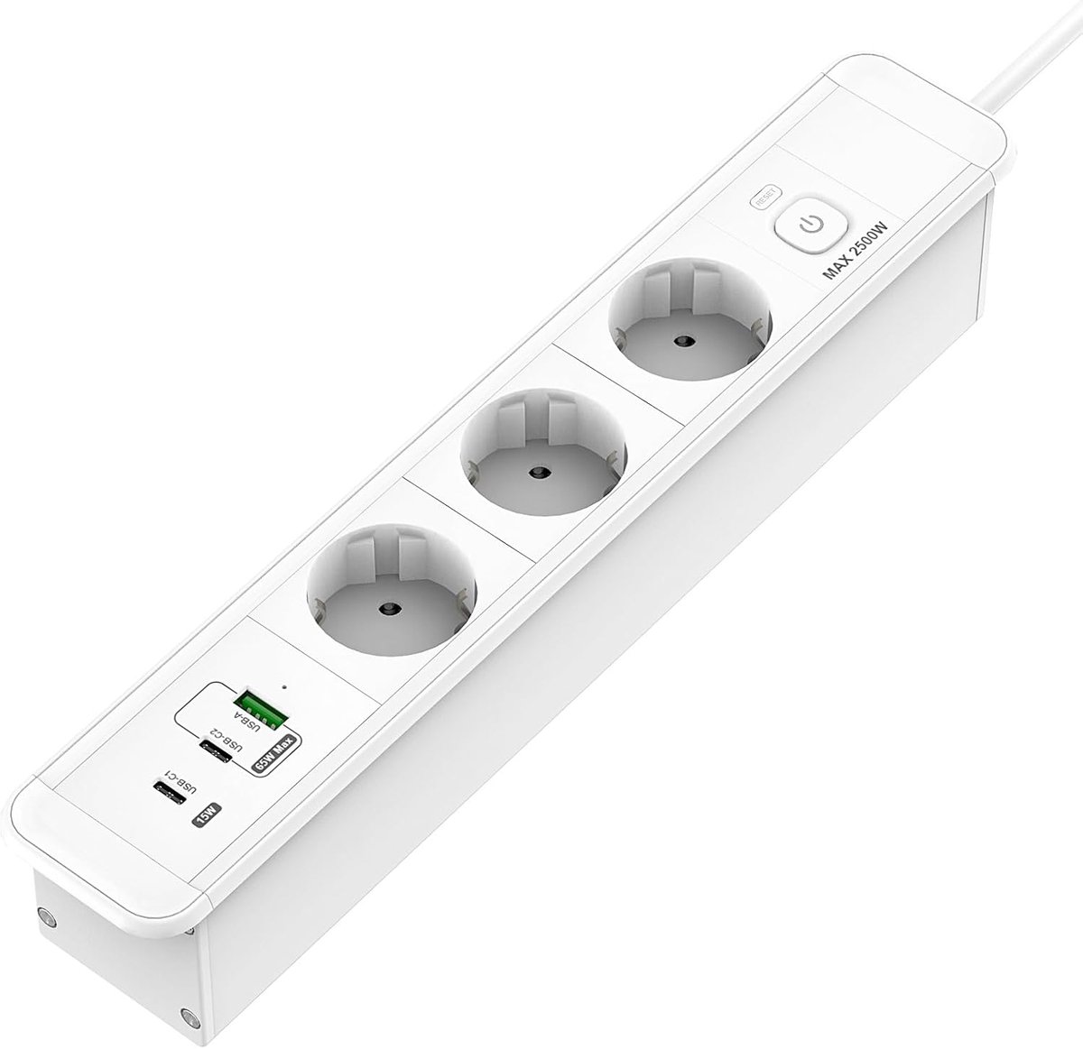 Tafelstopcontact met USB C PD 65 W - 3-voudig inbouwstopcontact - Klembaar met 1,8 m kabel - ShopVlot