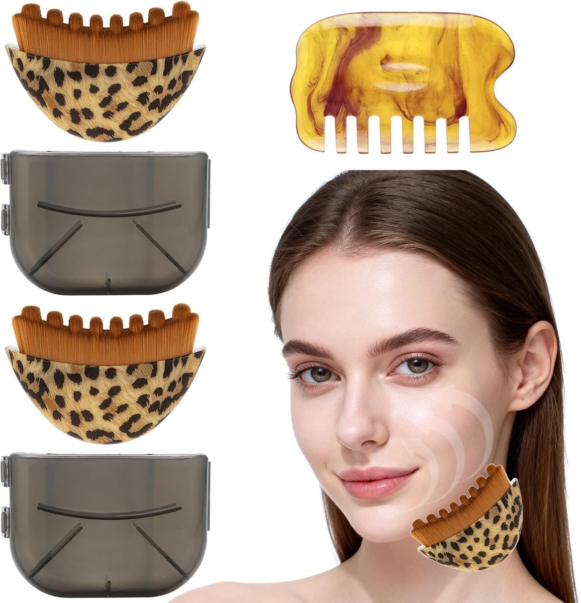 Gezichtsborstelset lymfatische massage - 2 stuks luipaardpatroon - inclusief amber massagekam - ShopVlot
