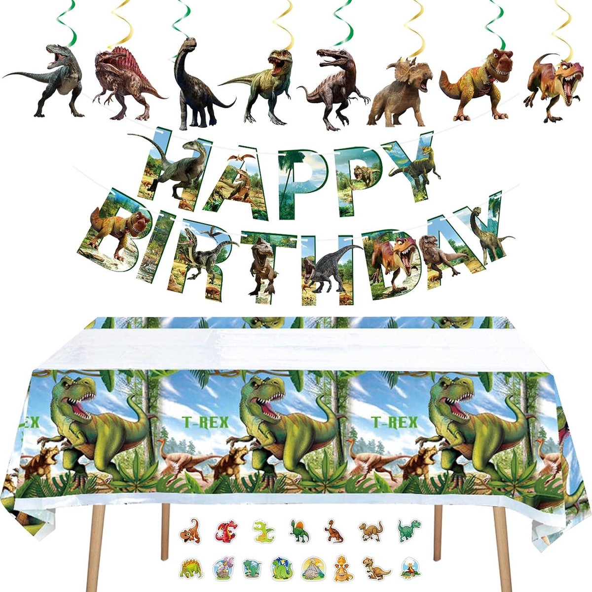 Dinosaurus verjaardagsdecoratieset - feestelijke slinger en spiralen - kleurrijke tafeldecoratie - voor een dino-feest - ShopVlot