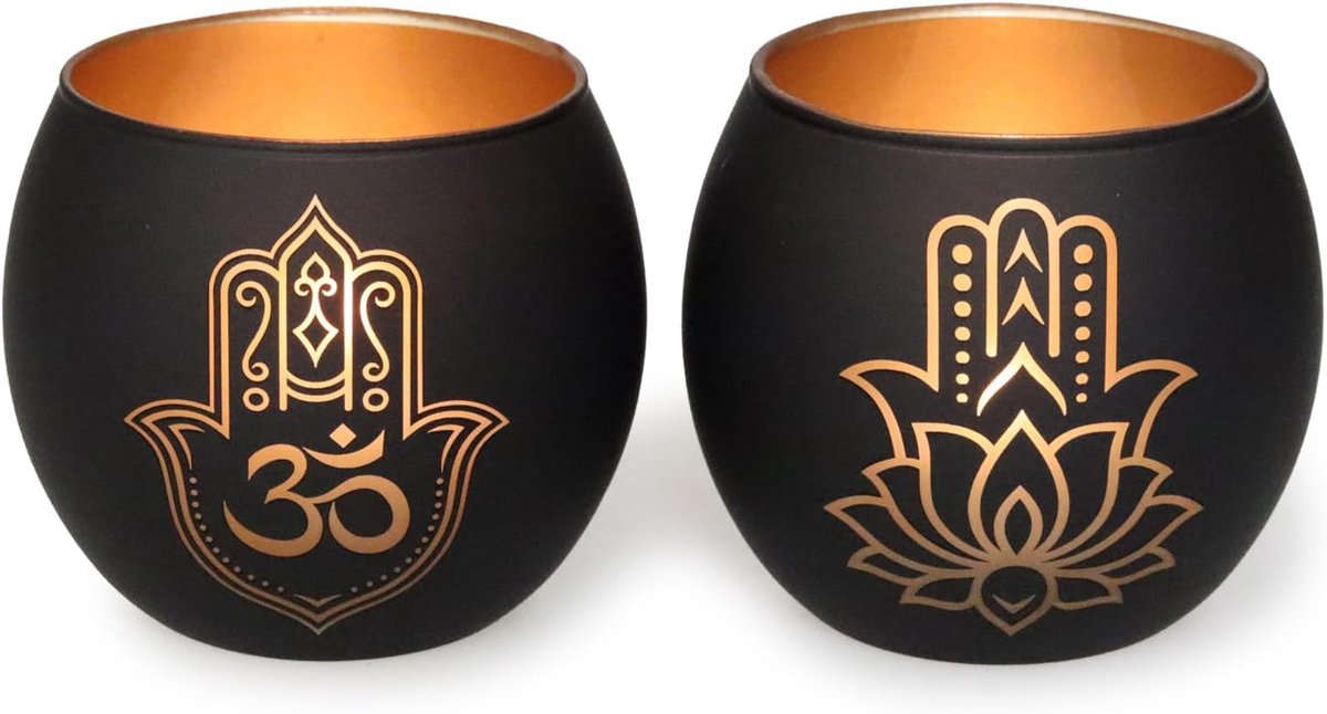 Teelichthouder set van 2 - Hamsa hand en lotus - Zwart goud - Perfect voor yoga en meditatie - ShopVlot
