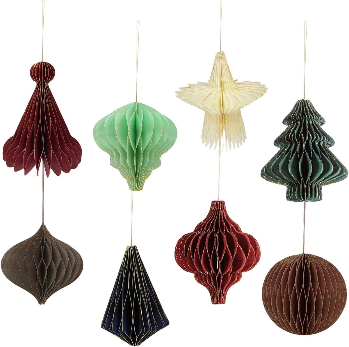 Honeycomb feestdecoratie set 8 stuks - 3D papier met glitters - mini kerstornamenten - perfecte kerstversiering - ShopVlot