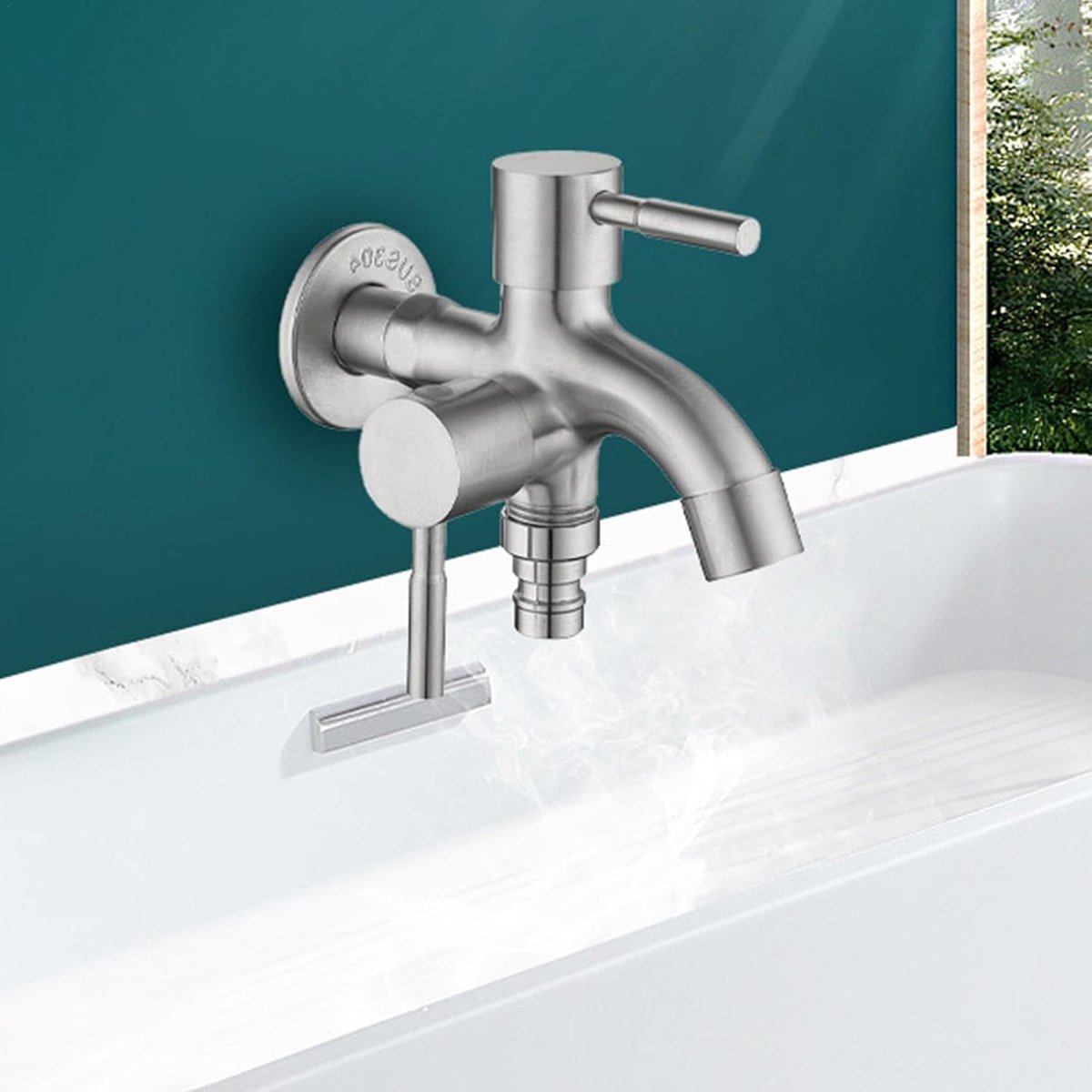 Tuin Kraan Dubbele Uitloop - Buitenkraan RVS - Tuin Water Geven - Dubbele Uitgang - Standaard Fittingen - Meerkleurig