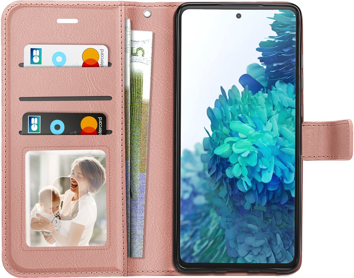Mayaxess, Portemonnee Hoesje Geschikt voor Samsung Galaxy S20 FE met Polsband & Standaard, Roségoud