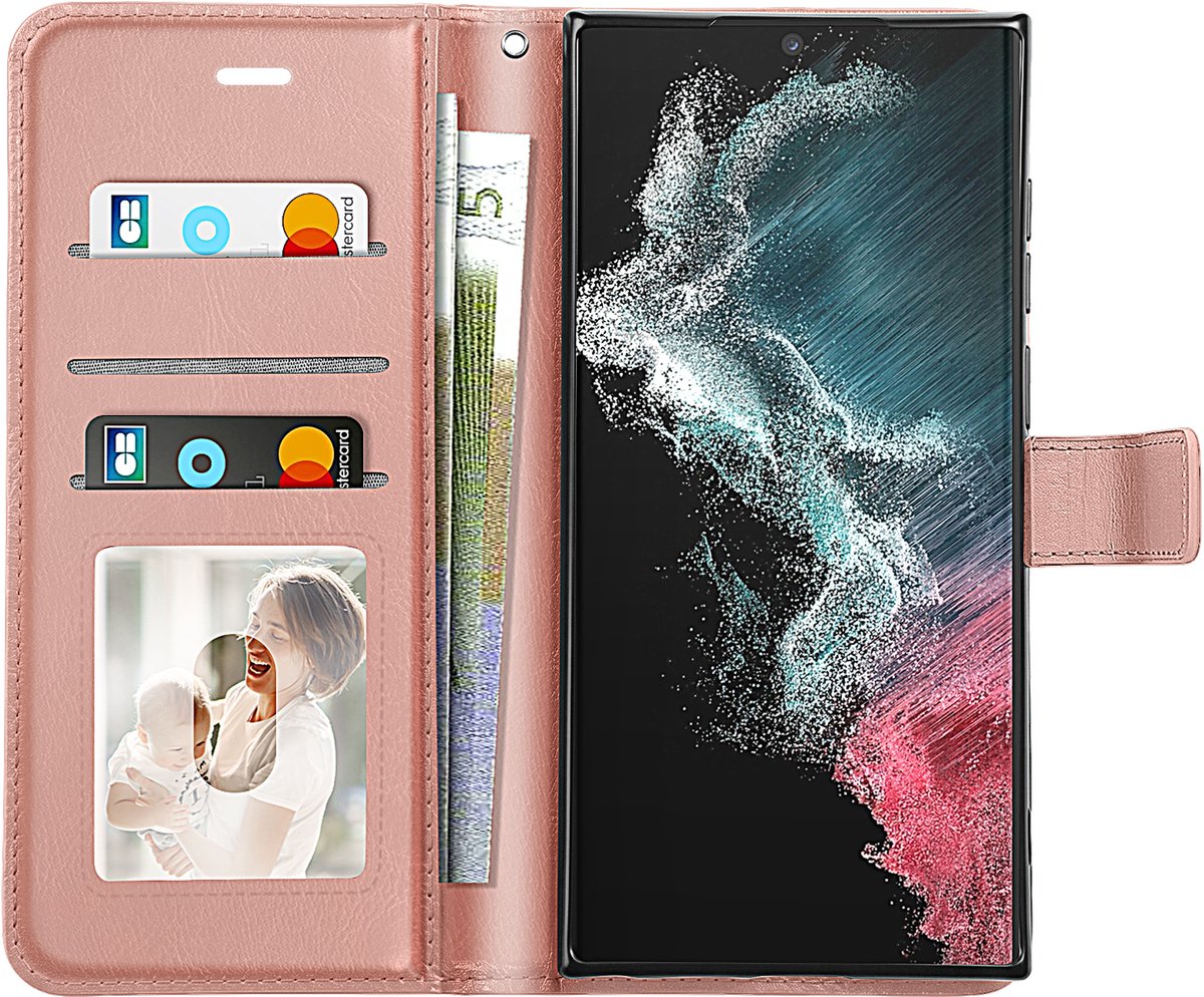 Mayaxess, Portemonnee Hoesje Geschikt voor Samsung Galaxy S22 Ultra met Polsband & Standaard, Roségoud