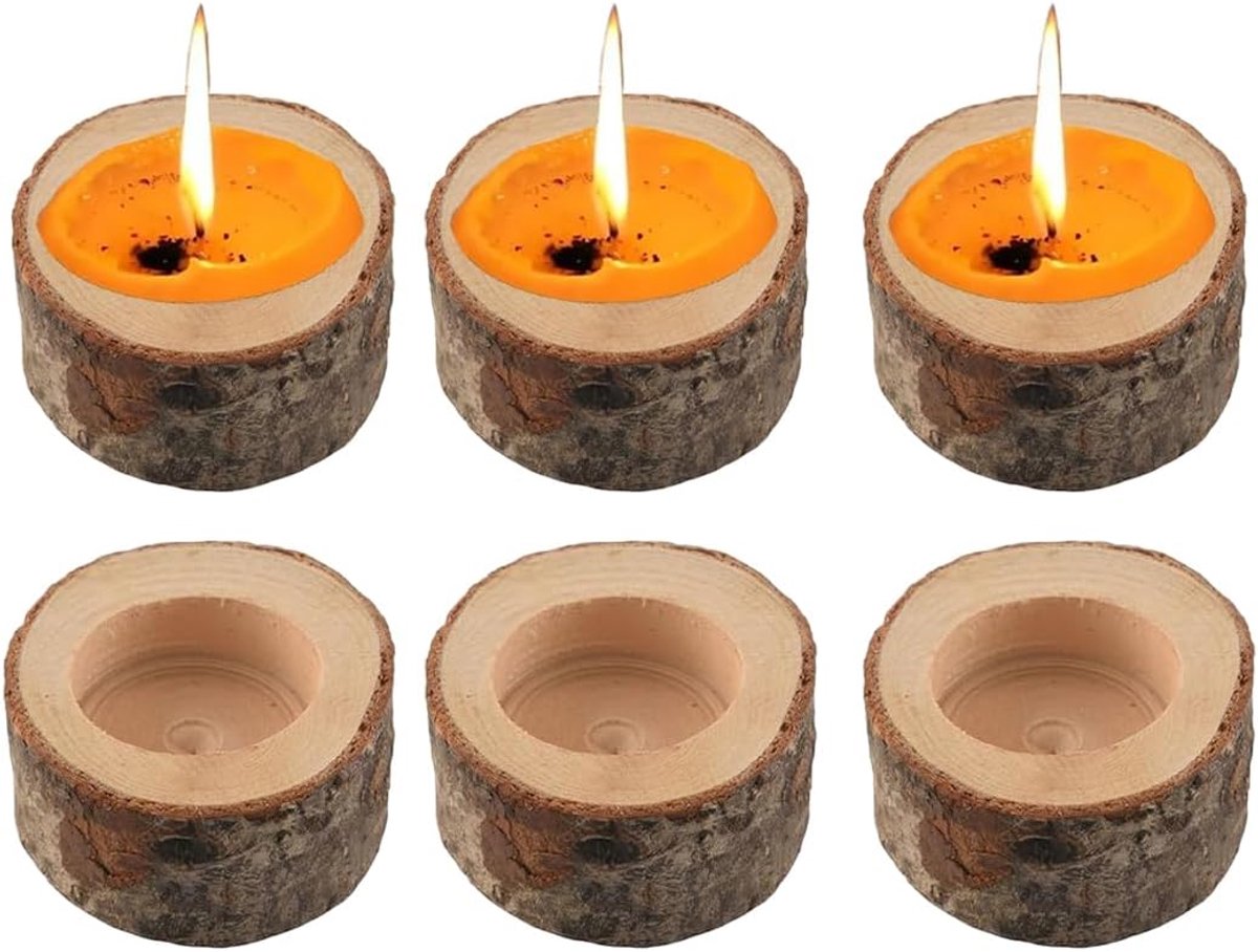 Tealight houders 6 stuks - natuurlijk hout - rustiek met schors - sfeervol voor thuis - SnelShoppen