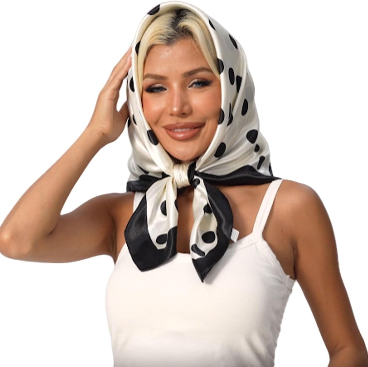 Dames Haarhanddoek 90 x 90 cm - Zijdenachtige Satijnen Sjaal - Zwart en Wit Gestippeld - SnelShoppen