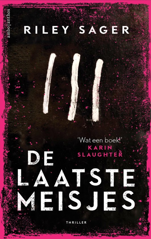 Livre 'De laatste meisjes' avec des marques blanches rayées sur un cadre sombre et rose.