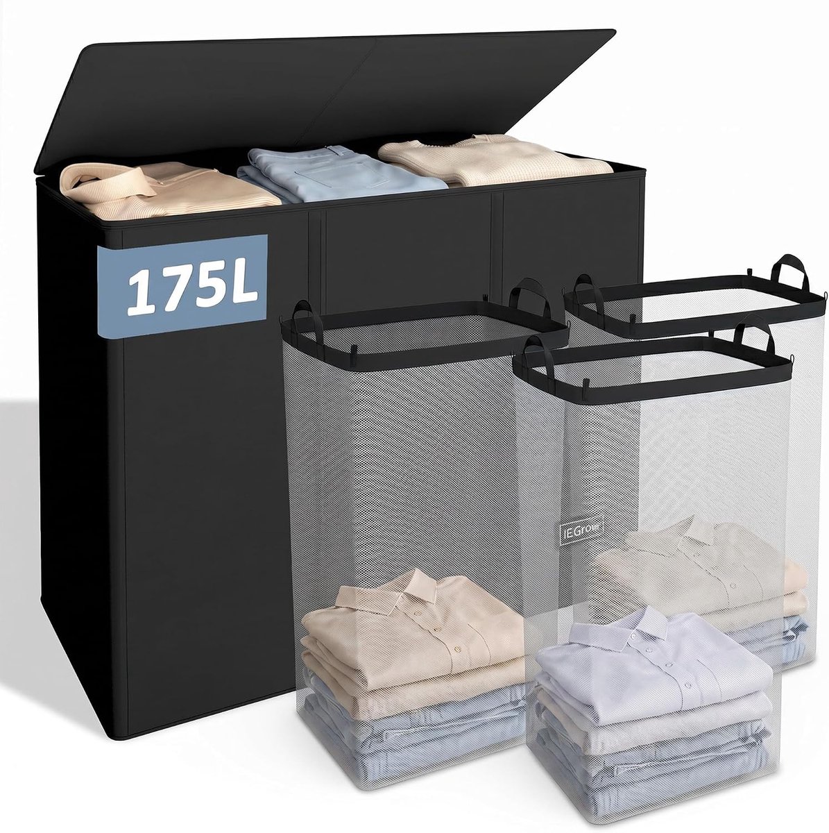 Wasmand 75 liter - smal ontwerp - zwart - met afneembare waszak - ShopVlot