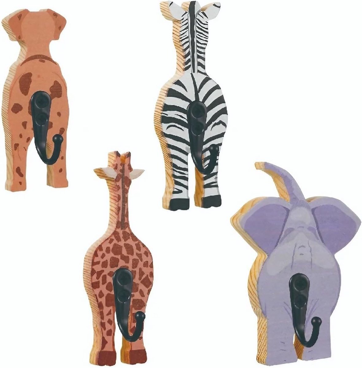 Kinderkledinghaken Safari - set van 4 - zelfklevend hout - vrolijk dierenontwerp - opruimen wordt leuk - ShopVlot