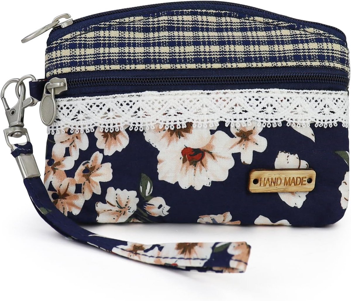 Mini-portemonnee dames blauw - bloemenprint - met ritssluiting - handvrij gebruik - ShopVlot