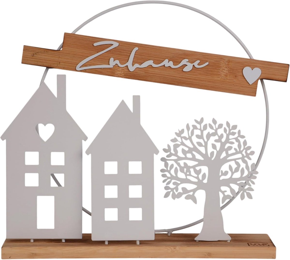 Staand decoratief bord - bamboe en metaal - filigraan ontwerp met huizen en boom - decoratie voor elk seizoen - ShopVlot