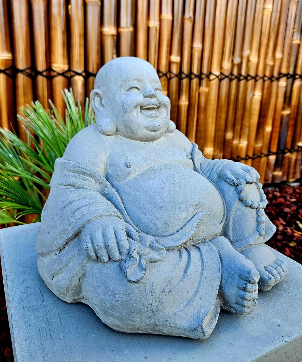 Buddha beeld 24 cm - vrolijke lachende Buddha - fiberclay - perfect voor meditatie - ShopVlot