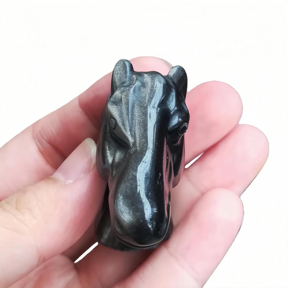 Paard hoofd sculptuur 43mm - natuurlijk zilver obsidiaan - hand gesneden kristal - uniek decoratief ornament - ShopVlot