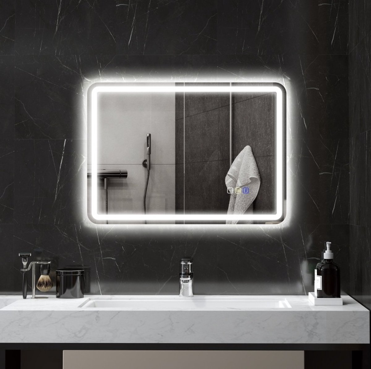 Badspiegel Met Led Verlichting 50x70 Cm Bluetooth Muziekfunctie Touchschakelaar Geheugenfunctie Anti Condens Ip44 Wandspiegel Zilver
