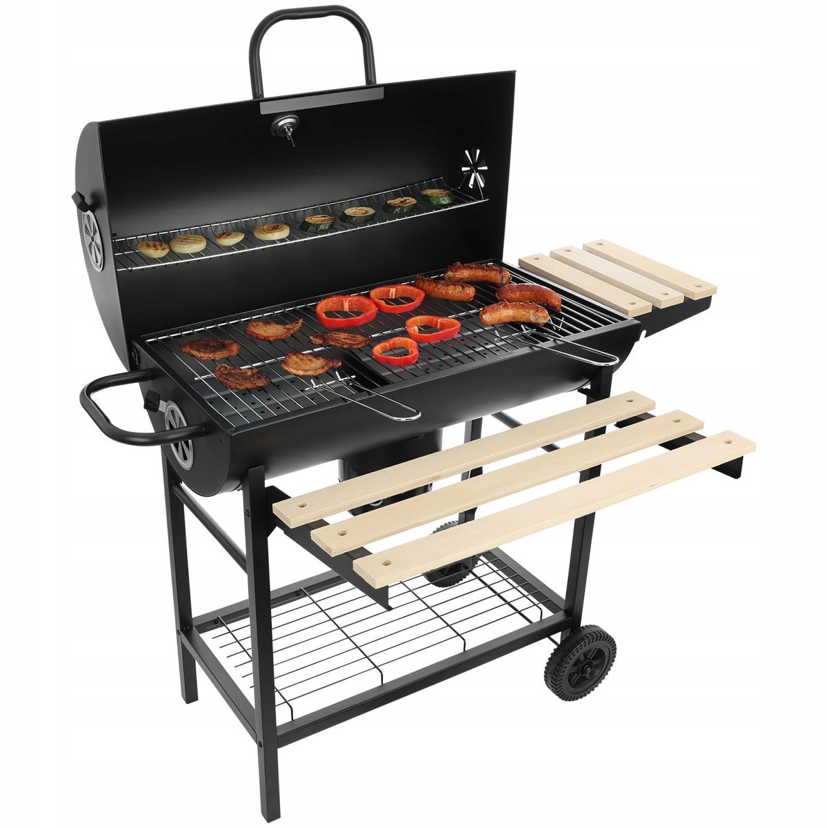 Grote afsluitbare kolenbarbecue met wielen, planken en vuurkorf