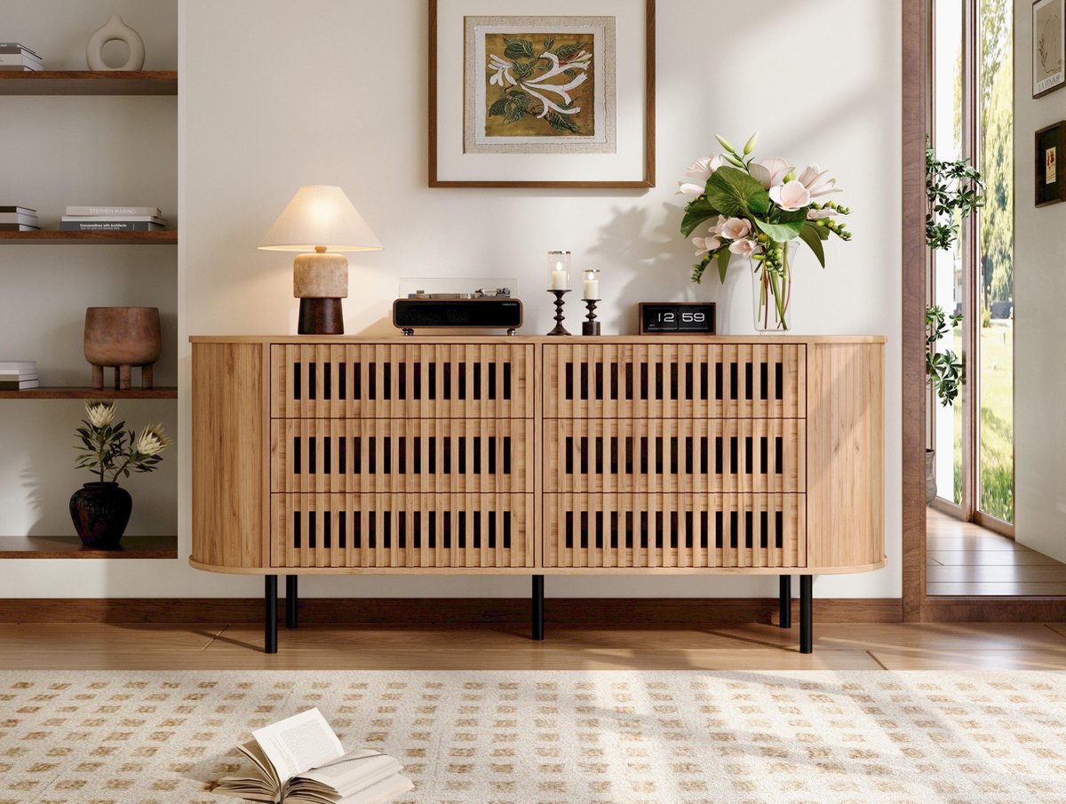 STILVORA Dressoir Met 6 Lades - Lamellen Design Met Metalen Poten - Voor Woonkamer En Hal - MDF - Naturel - 160x40x70 Cm