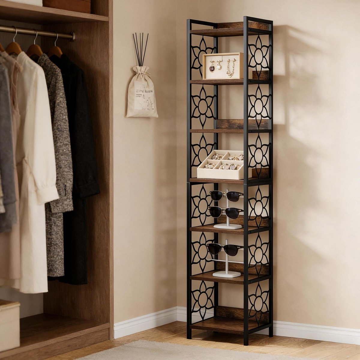 Boekenkast Hoekmodel – 7 Niveaus – 200 x 40 x 34 cm – MDF en Metaal – Zwart en Rustiek Bruin – Open Opbergrek voor Woonkamer