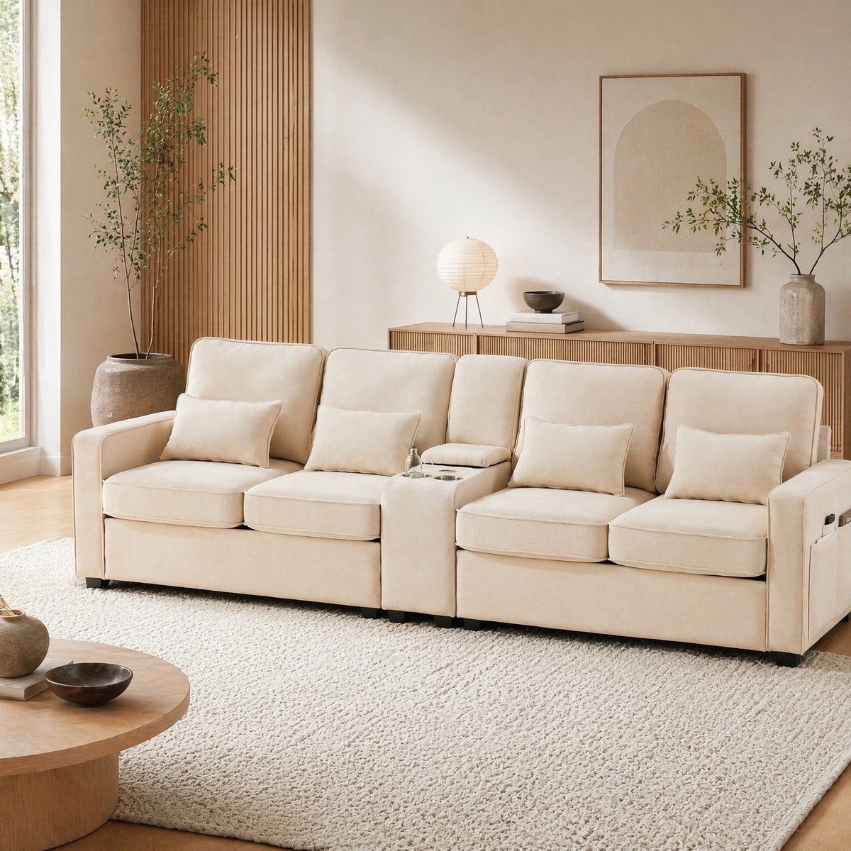 MEUNIQ 4-zitsbank 290 x 83 x 88 cm met console, 2 bekerhouders, USB-aansluiting, opbergruimte, armleuningtasjes en 4 kussens voor woonkamer, beige linnen