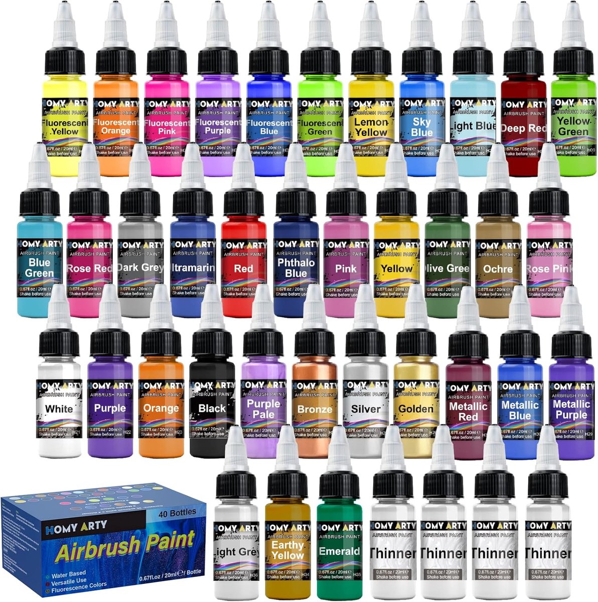 HOMY ARTY Airbrush Paint - 36 Colors with 4 Thinner Waterborne Airbrush Paint Set, Ready to Spray Acrylic Air Brush - ShopVlot