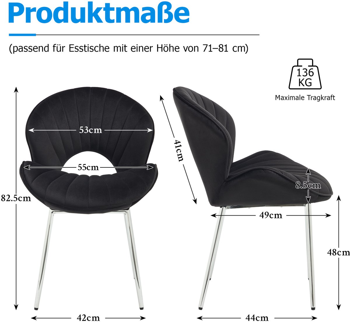 FloraGrace Eetkamerstoel – Set Van 2 Kuipstoelen Zonder Armleuning – Zachte Velvet Bekleding & Metalen Poten – Voor Eetkamer Of Werkkamer – Zwart