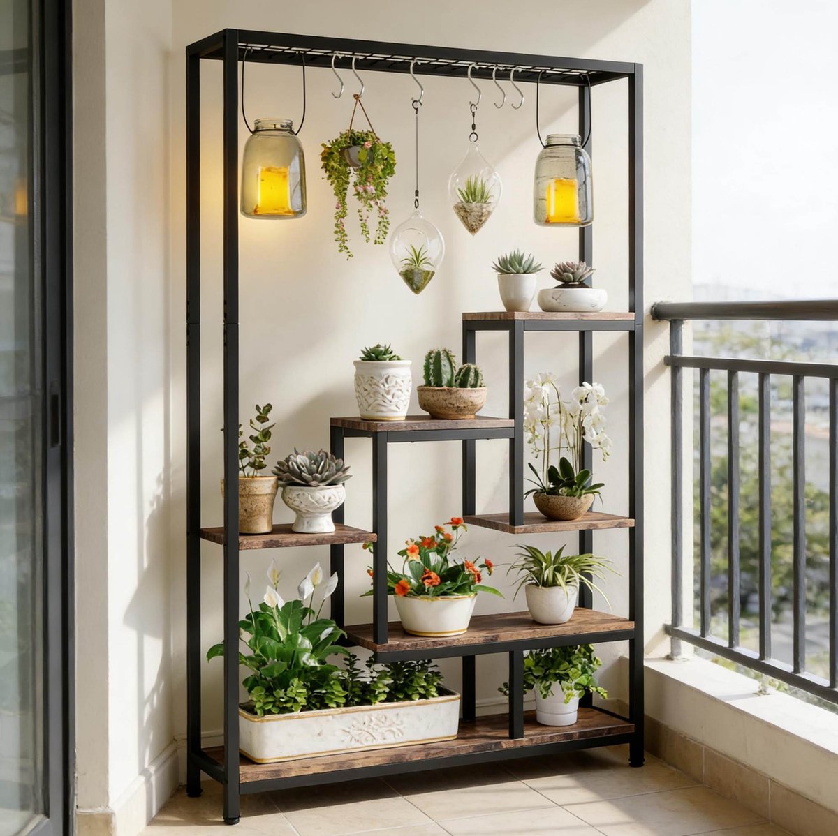 Ladderkast Plantenrek – 100 x 30 x 180 cm – Metaal En Hout – Zwart En Rustiek Bruin – 7 Planken Voor Woonkamer Of Balkon – Met 6 Haken
