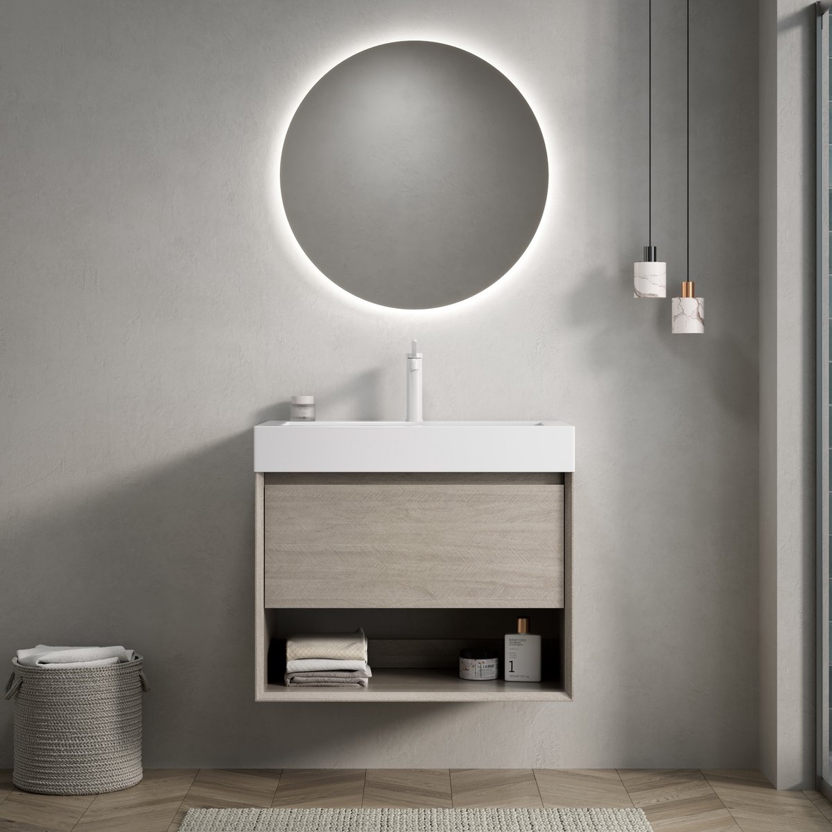 MODENUIT Badkamerkast - Wandmontage Waschtafelmeubel Met Lade En Open Vak - Licht Eiken - 70 Cm - Wit