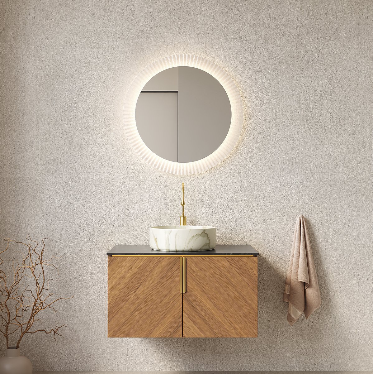 MODENUIT Badkamer Wastafelmeubel - Wandmontage Met Keramische Waskom En Soft-Close - 76 Cm - Zwart, Bruin Eiken