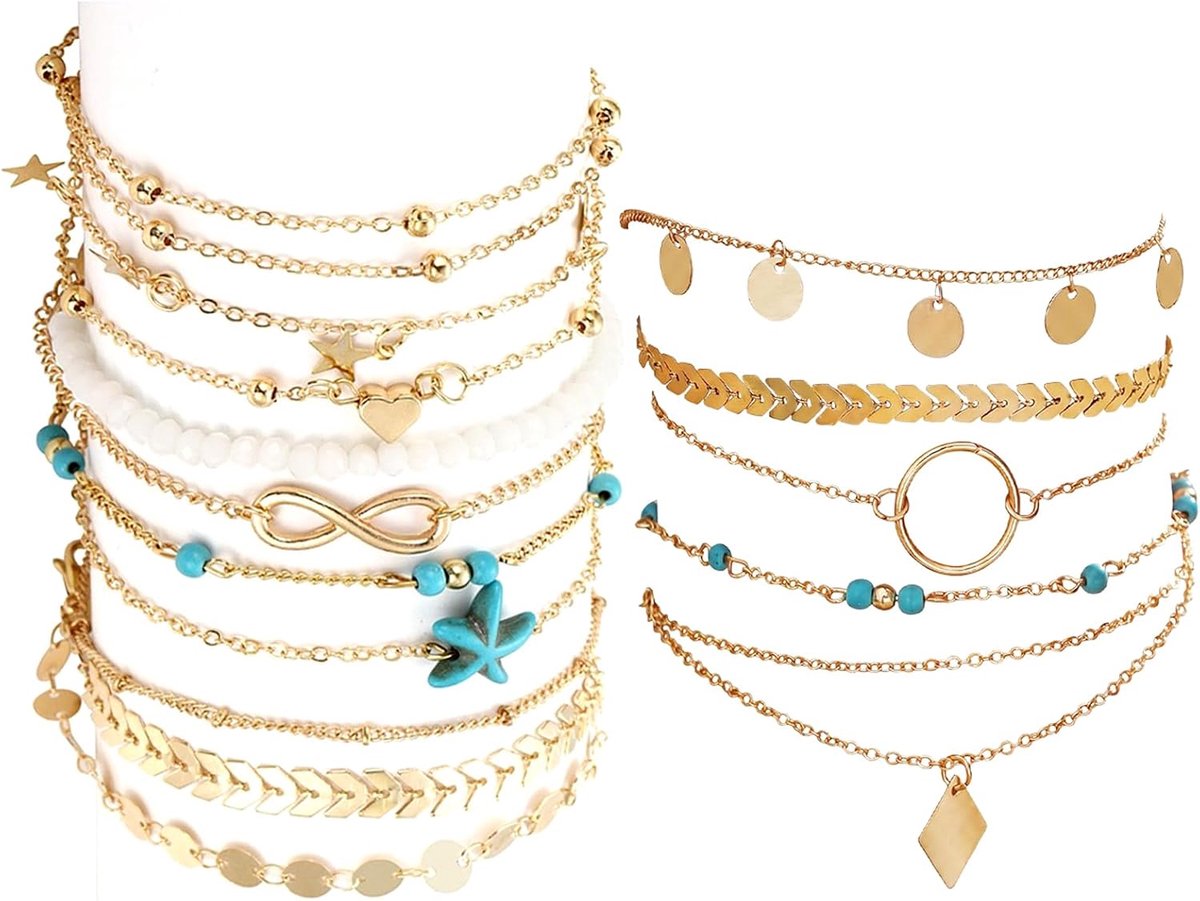 Enkelbandjes dames 17 stuks - gouden parels - verstelbaar - waterdicht en boho stijl - ShopVlot