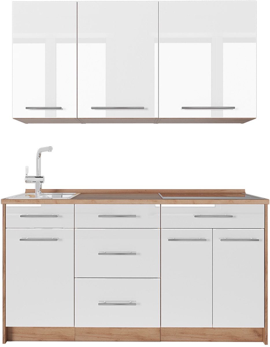 Vicco Eenpersoonskeuken Fame-Line, Wit Hoogglans/Goudkleurig Eiken, 150 cm, WB Eik