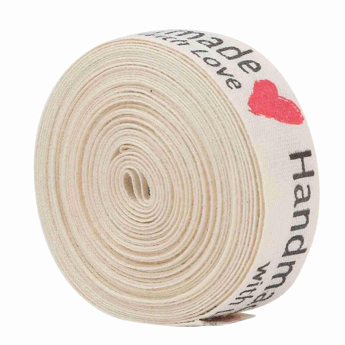 Natuurlijke Katoenen Ribbons Labels voor Handgemaakte Cadeaus - 1.5 cm Grosgrain met Woven Design en Rode Hartjes