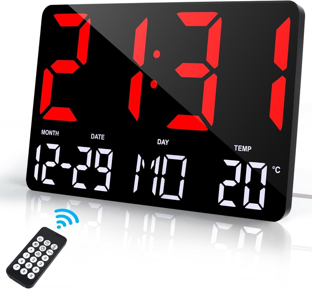 Digitale Wandklok - Kunststof - Groot LED Display - Afstandsbediening - Voor Slaapkamer en Woonkamer
