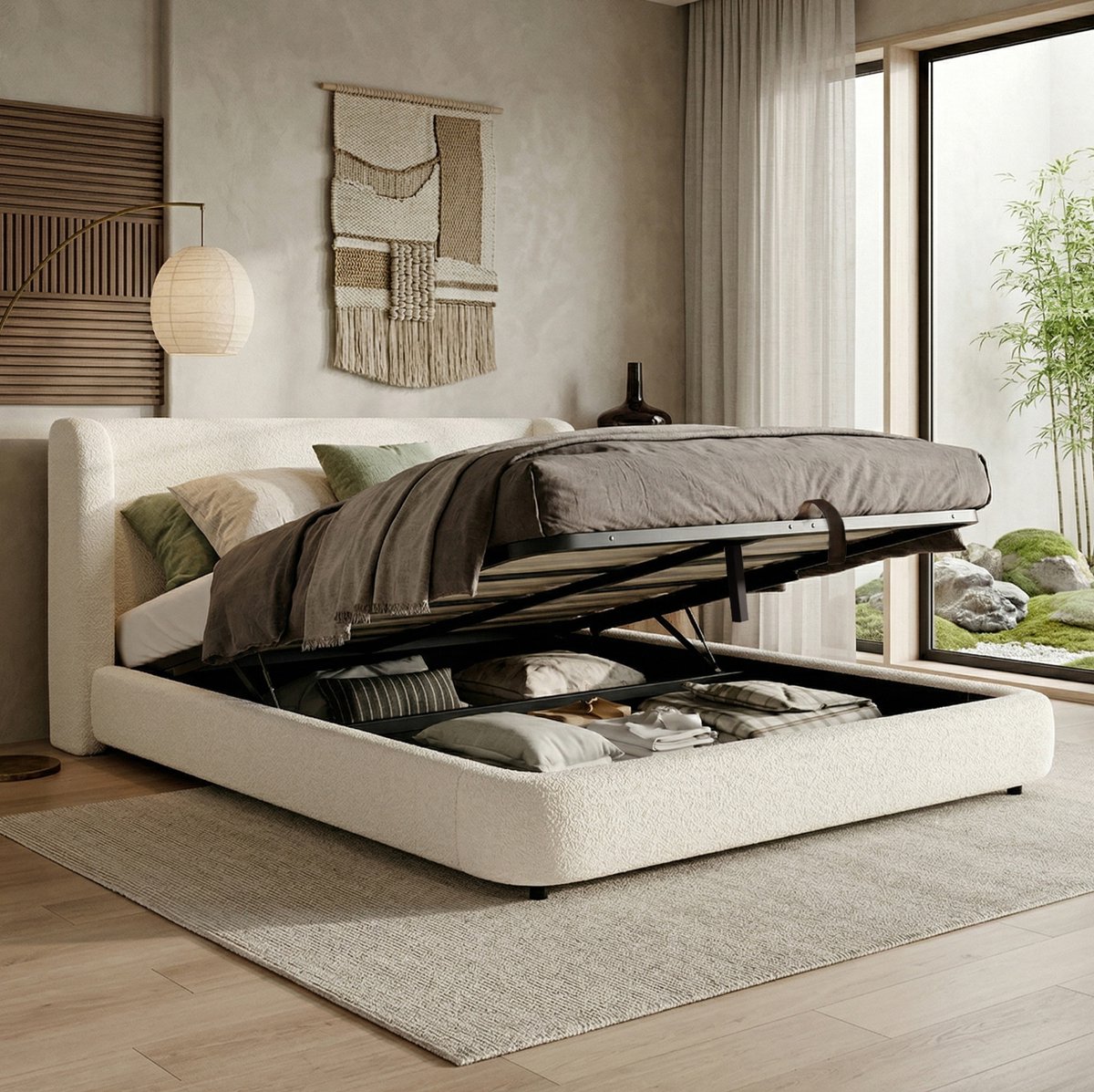 MIVRAY Tweepersoonsbed 180x200 cm - Zonder Matras met Hydraulische Opbergruimte en Hoofdbord - Lattenbodem - Bouclé - Beige