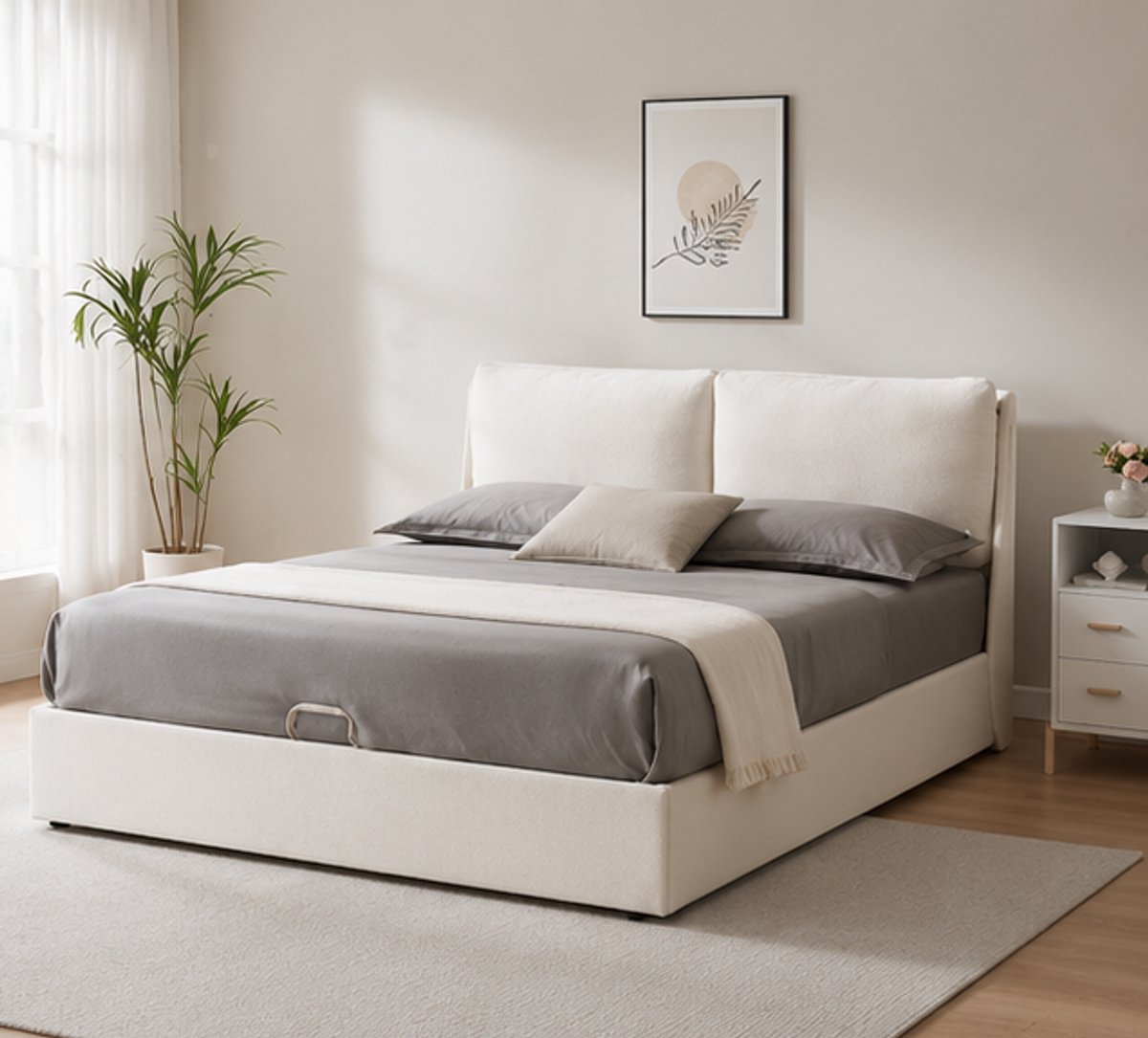 Premium Gestoffeerd Opbergbed 160x200 cm Beige met Lattenbodem & Opbergruimte – Tweepersoons Bedframe | Novihomestore
